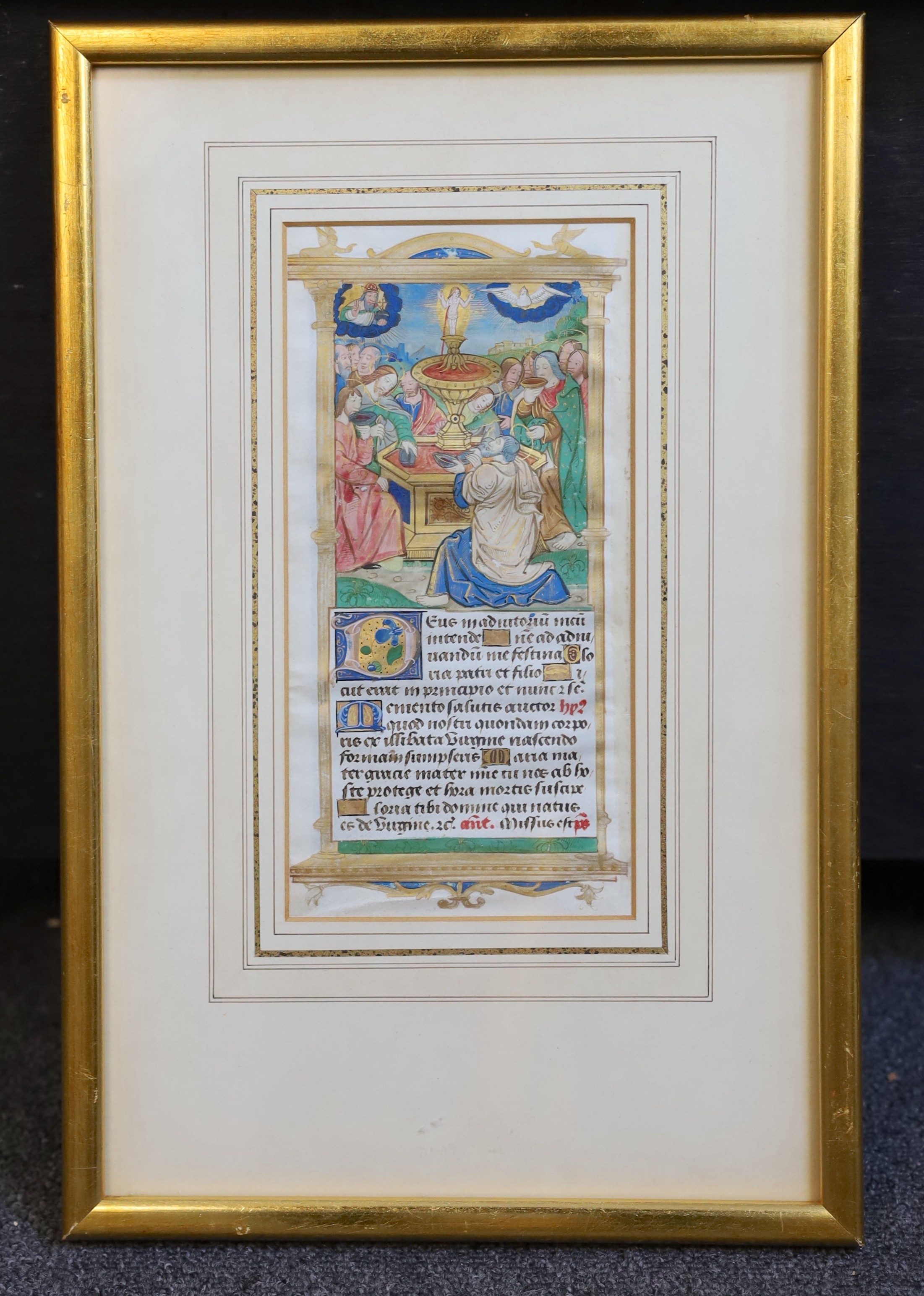 Early 16th century French School, 'The Apostles drinking from the Fountain of Life’, illuminated leaf watercolour and gold leaf on vellum, c.1500, 21 x 11cm.